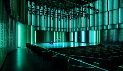 Carleton College, Music and Performance Commons Addition interior theater rehearsal