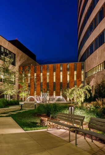 Owensboro Health Regional Hospital exterior landscape fountain night