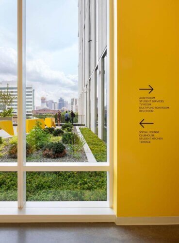 Hult International Business School - Hult House interior signs and exterior balcony