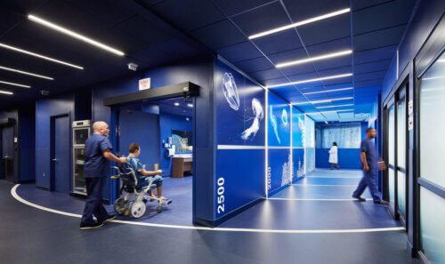 The Elsie and Marvin Dekelboum Family Foundation Molecular Imaging Center interior bioluminescence hallway and room