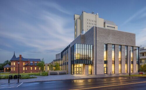 University of Massachusetts Amherst - Physical Sciences Building exterior Dusk View from East with Tower
