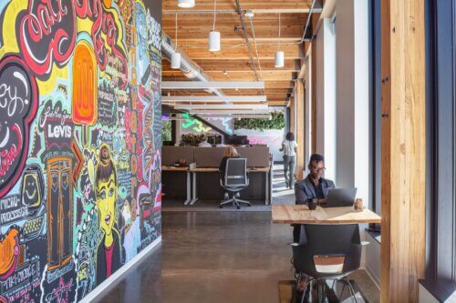 Workplace interior lounge space with art