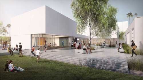 John Adams Middle School Performing Arts Center exterior rendering Courtyard