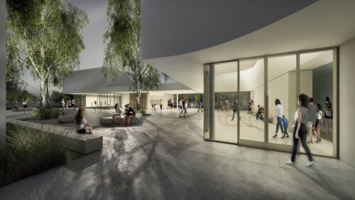 John Adams Middle School Performing Arts Center exterior rendering Night Lobby