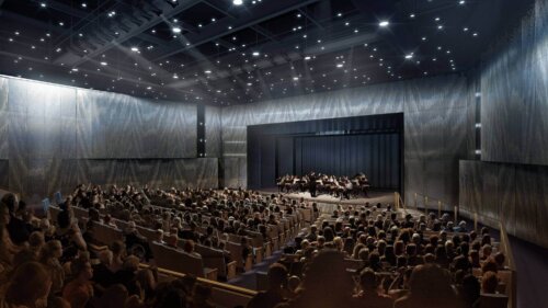 John Adams Middle School Performing Arts Center interior rendering Back Corner theater