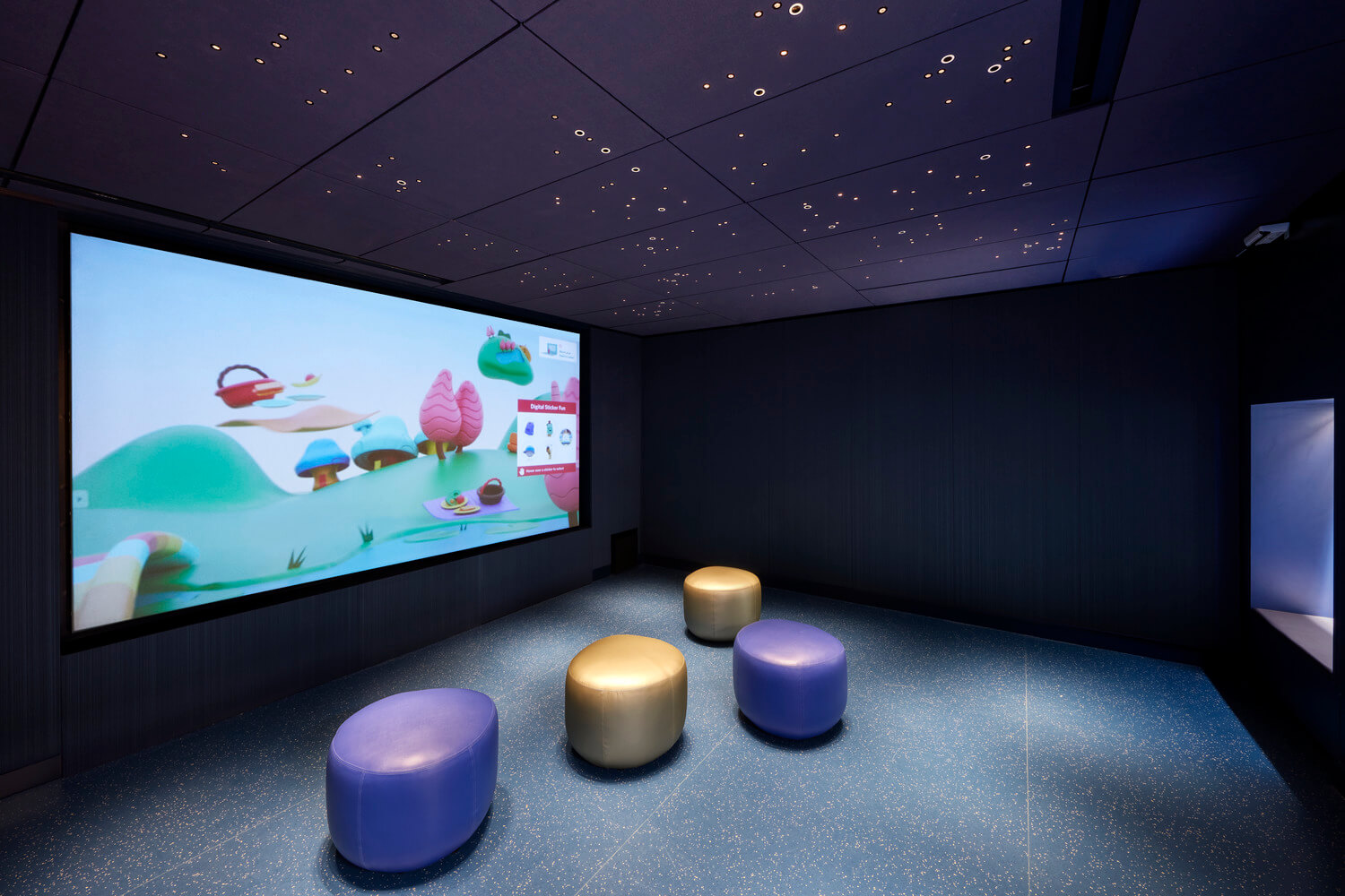 The game room is a theater-like experience with customizable entertainment and play.