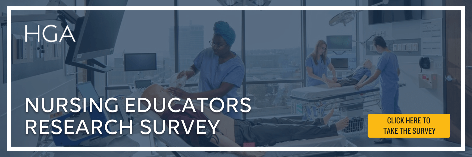 header image links to nursing educators survey when clicked, image features three nursing students working in the skills lab