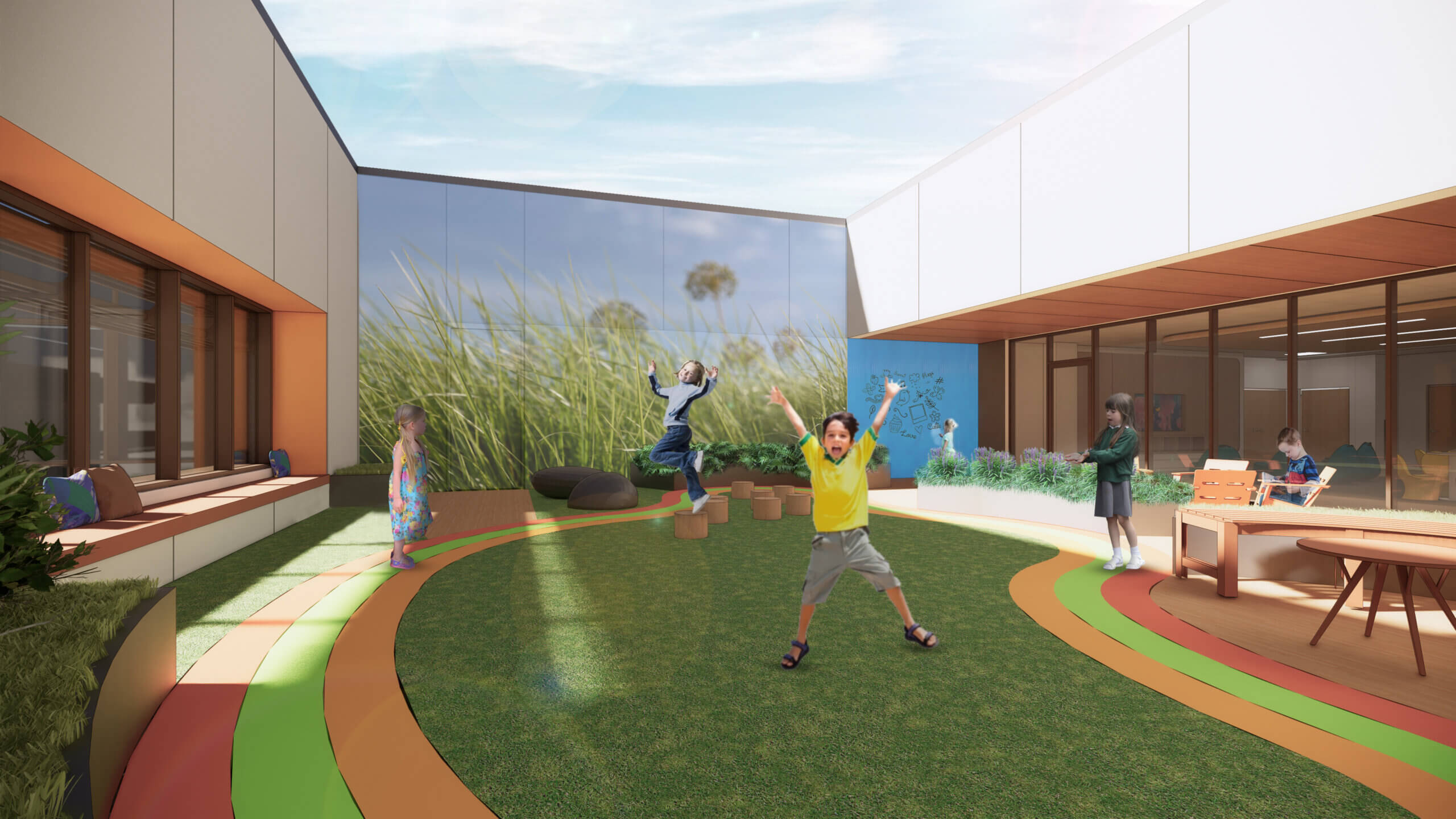 rendering including children using outdoor activity and recreation spaces within the facility design