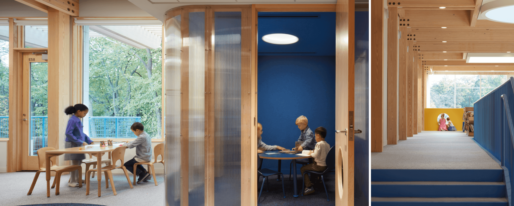 Blake Early Learning Center utilized exposed mass timber, bringing warmth and character to each space from the structural system alone, while nodding to the future with other sustainable strategies, such as a geothermal heat pump and all-electric system.