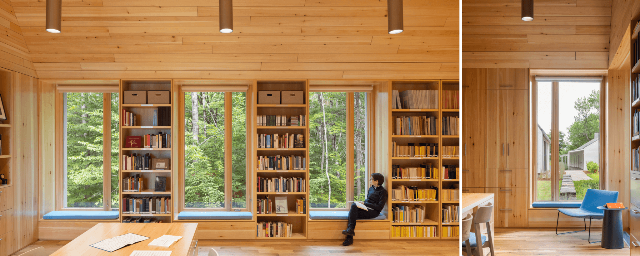 Marlboro Music Reich Hall stripped away unnecessary ornamentation to allow the beautiful natural materials of knotty pine walls and ceilings and solid oak flooring to shine.