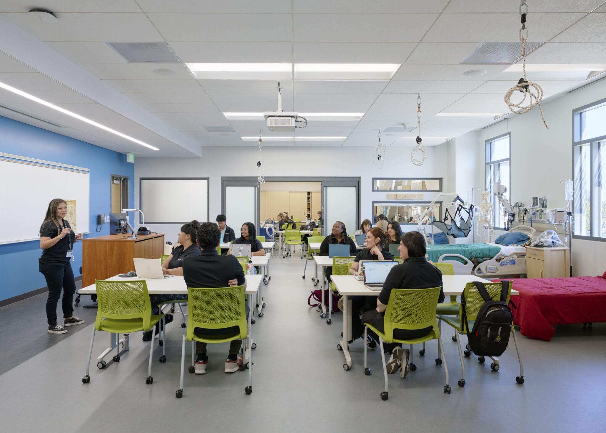 Medical classroom where students listen to a teacher