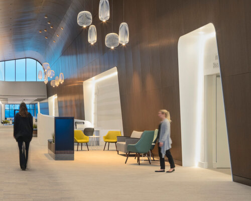 Hallway with hanging light fixtures at CentraCare Health System – Carris Health Redwood Falls hospital