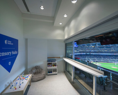 Sensory room at Target Field with window to baseball field