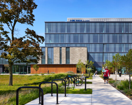 Exterior of a large glass hospital building