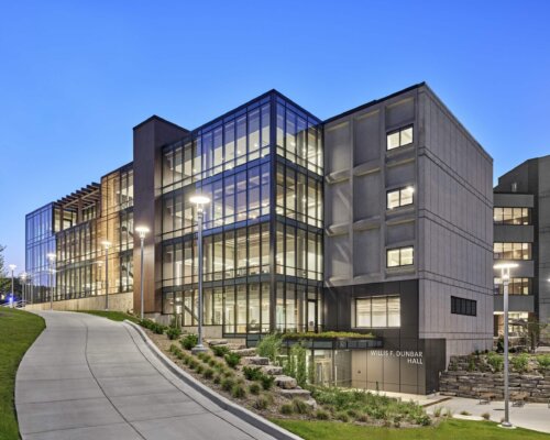 Exterior of a college campus building at dusk