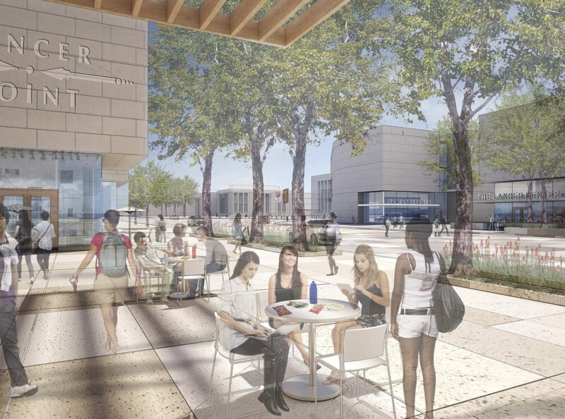 Rendering of a college campus quad where students stand and sit at tables