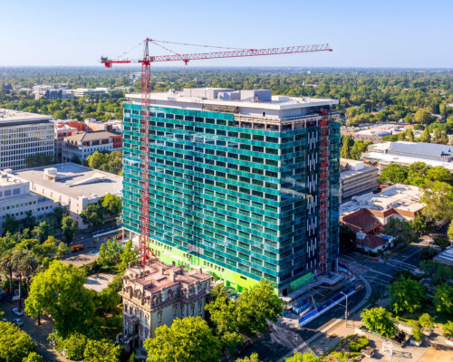 Drone view of the Resources Building's new, exterior façade.