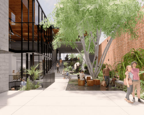 Rendering of a building exterior with trees and seating areas