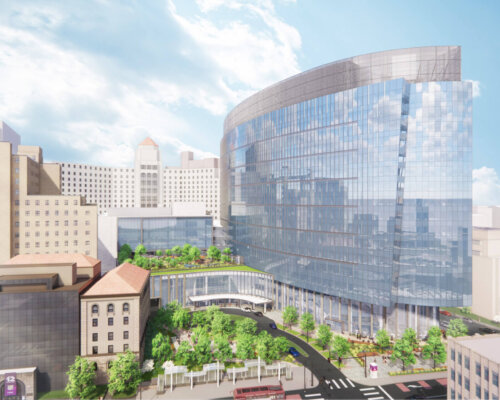 Architectural rendering of a modern glass building with a curved design, integrated into a cityscape with various other buildings and lush greenery on terraces. Clear sky above and broad streets visible.