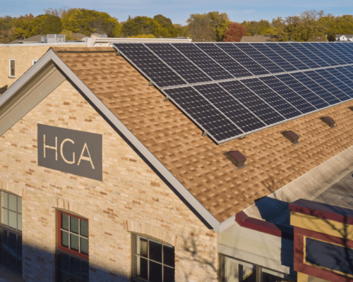Solar panels on roof of HGA Madison Office in Wisconsin.