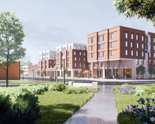 Architectural rendering of a modern residential building with multiple floors, featuring brick facades and large windows. A landscaped garden with walking paths is in the foreground.