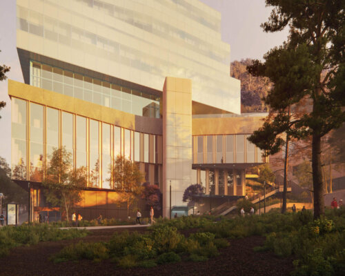 Architectural rendering of a building featuring modern glass and steel structures surrounded by lush greenery and trees at sunset.