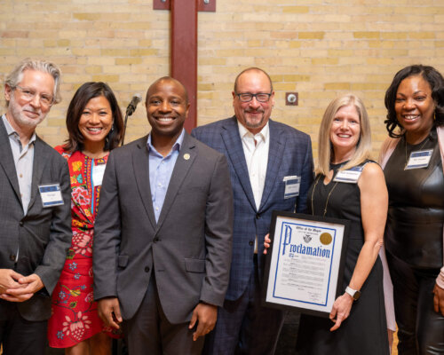 HGA CEO Tim Carl, CFO Angie Edwards, Mayor Cavalier Johnson, COO Scott Lindvall, Milwaukee Office Director Paul Verboomen, and Director of Equity Terri Howard